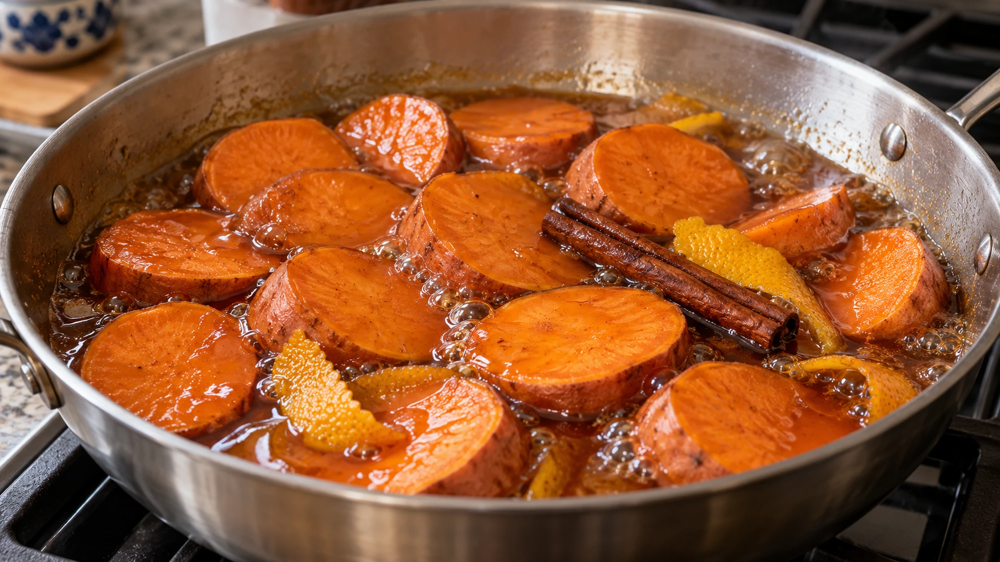 Camotes en dulce simmering in piloncillo syrup