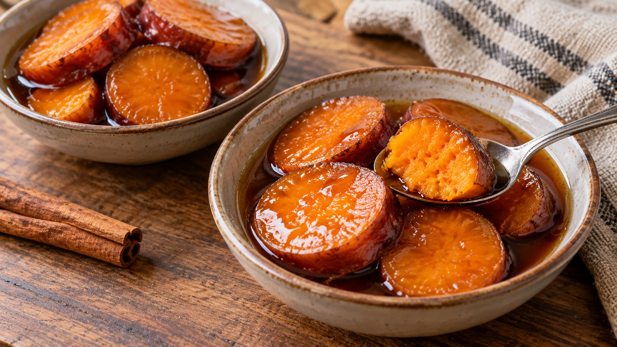Camotes en dulce serving with tender sweet potato rounds and syrup