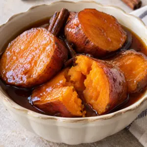 Camotes en dulce recipe card with tender sweet potato rounds and syrup