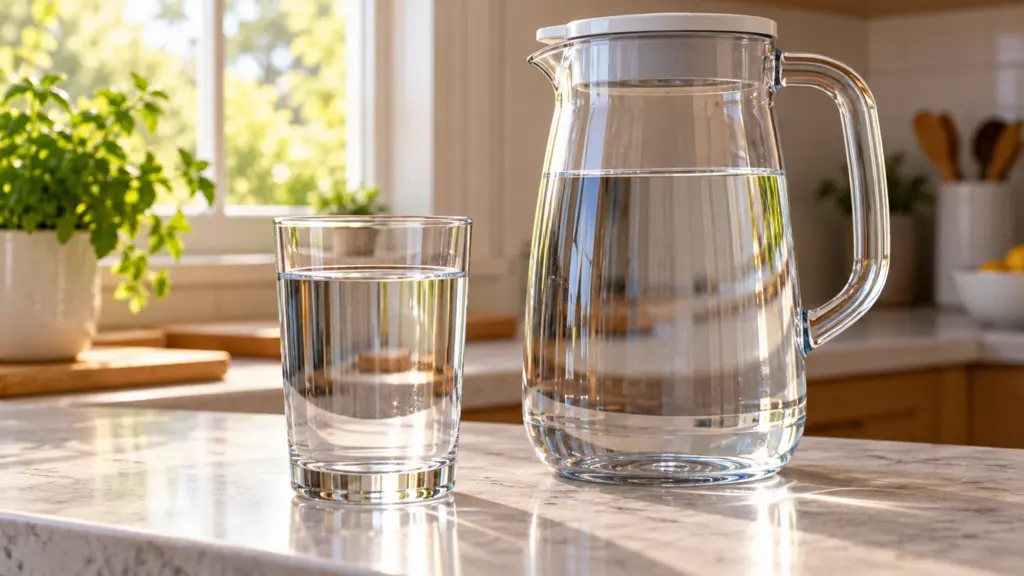 Clear drinking water in a glass and covered pitcher