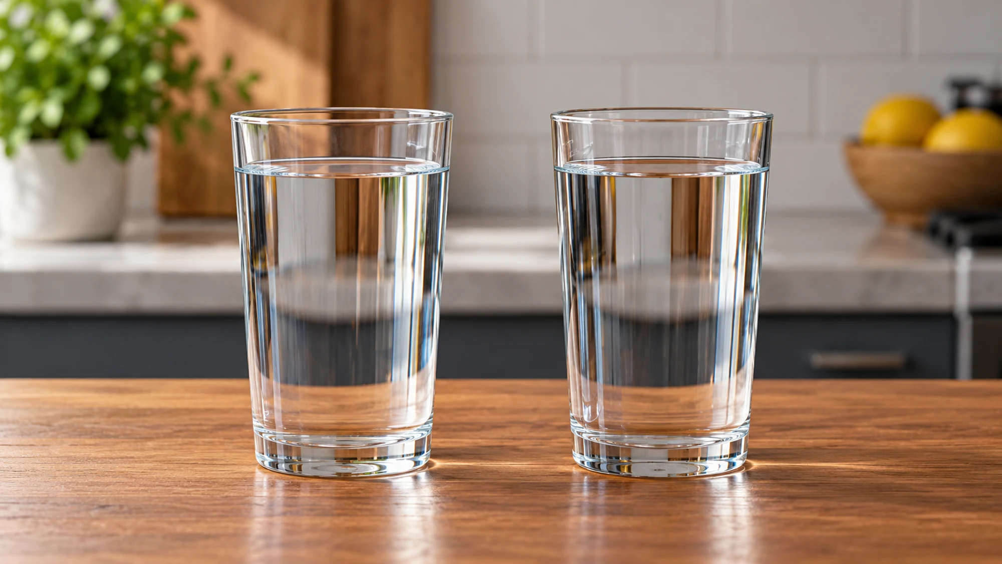 Two glasses of clear drinking water on a counter