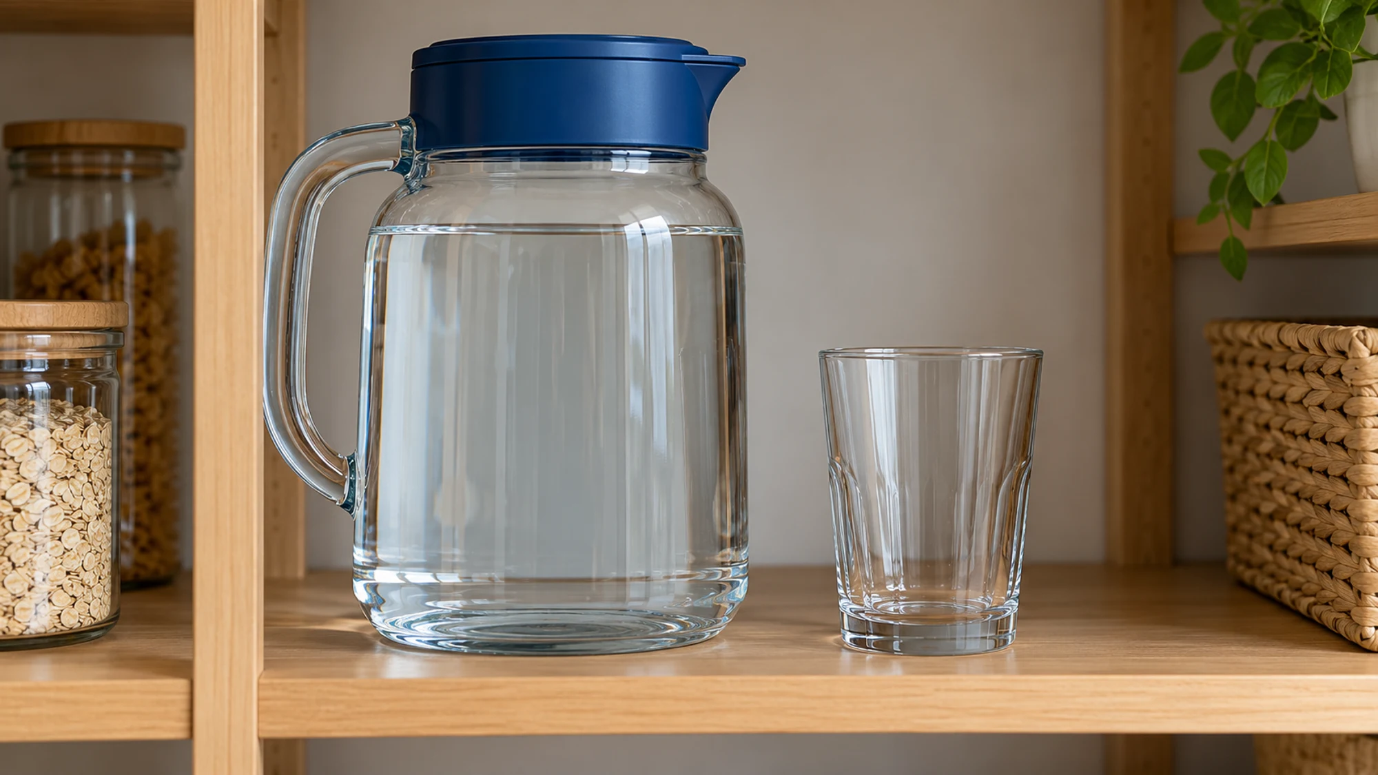 Covered water pitcher beside a clean drinking glass