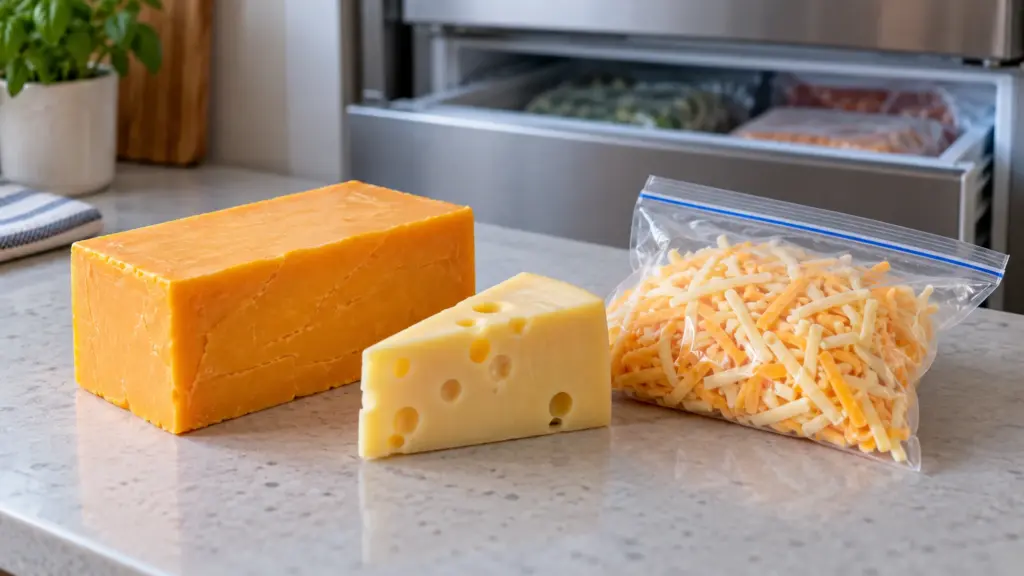 Cheddar, Swiss cheese and shredded cheese beside an open freezer drawer