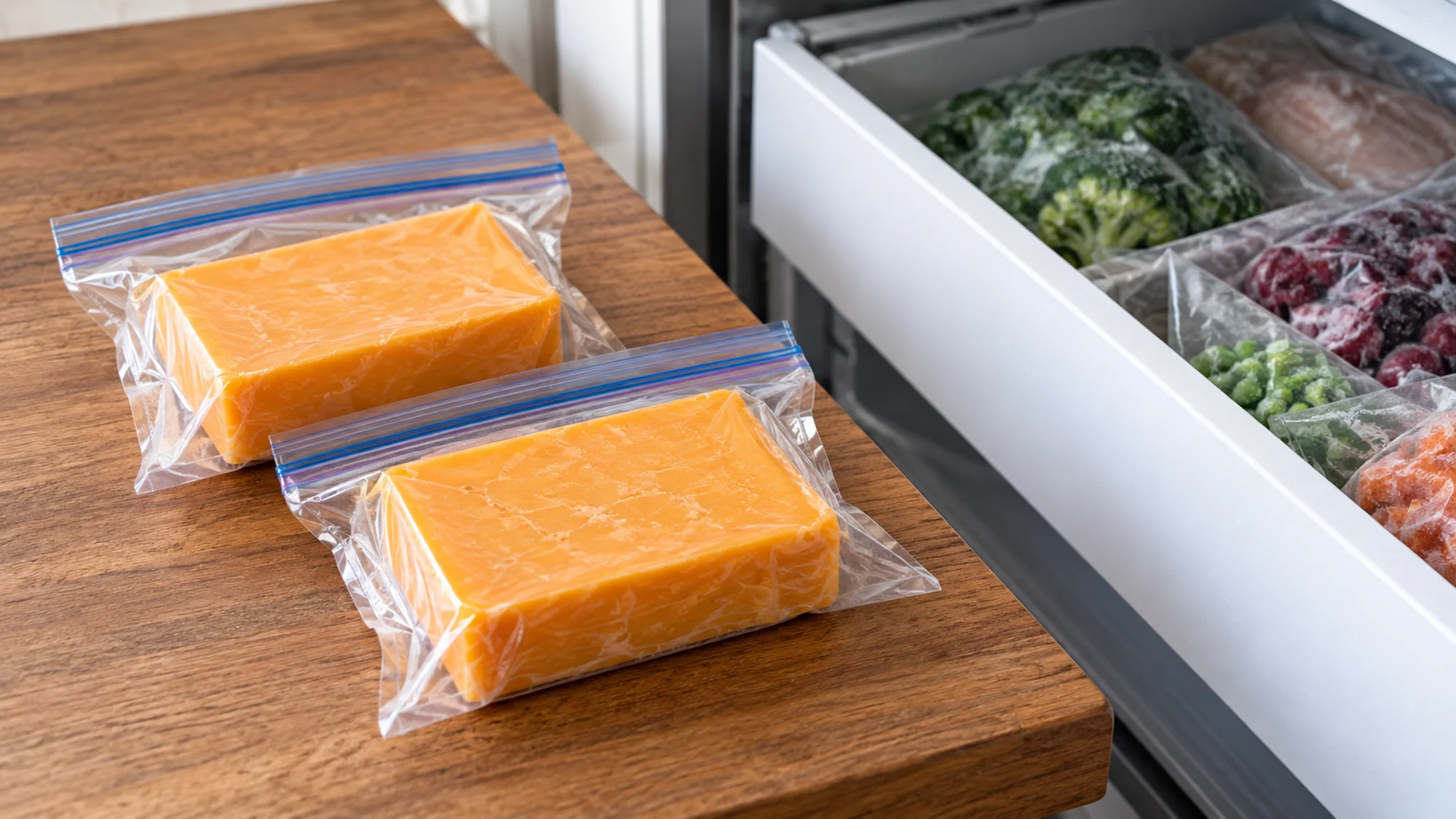 Cheddar portions sealed in clear freezer bags beside a freezer drawer