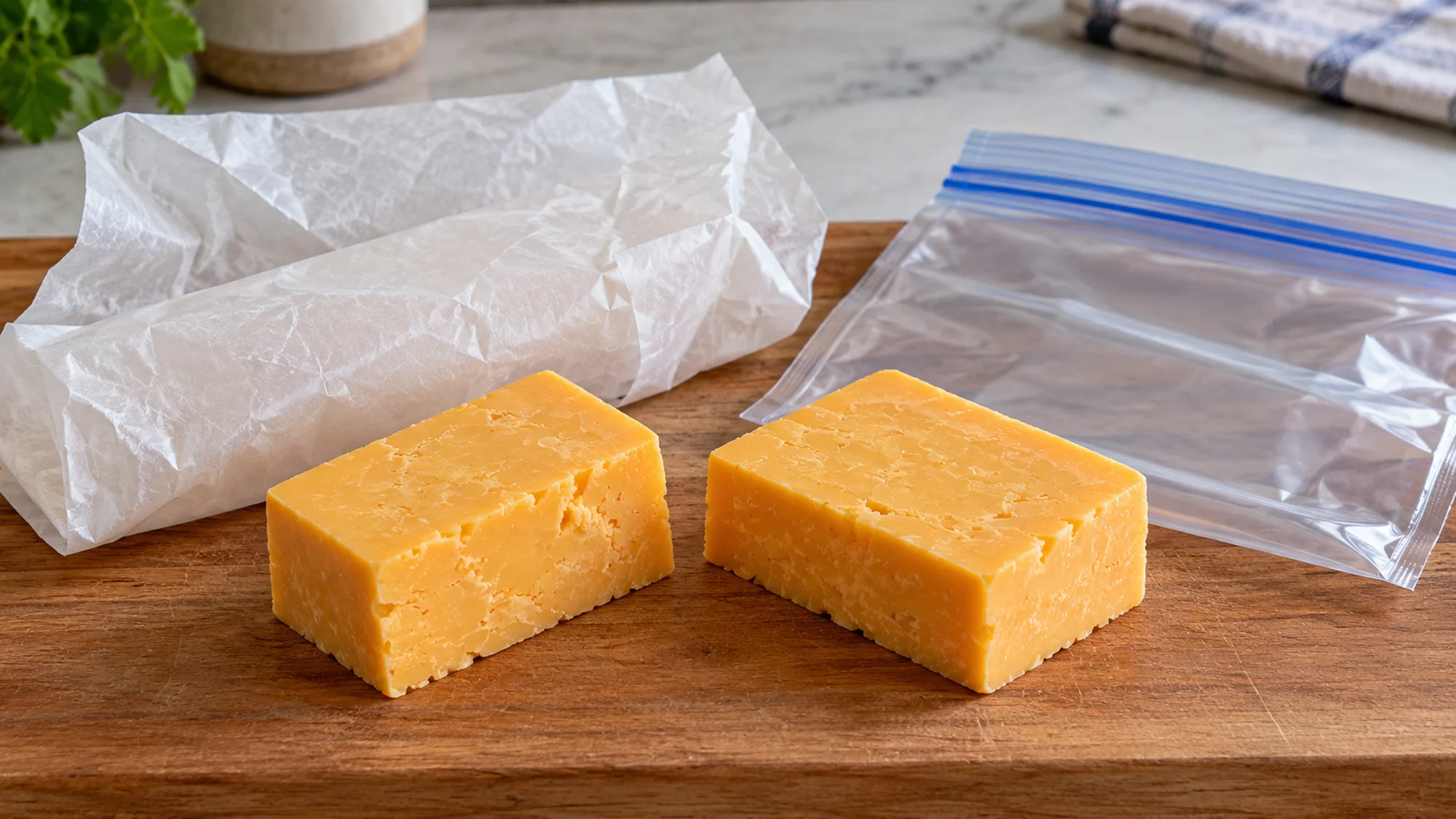 Small cheddar blocks with wrapping and freezer bags ready for portioning