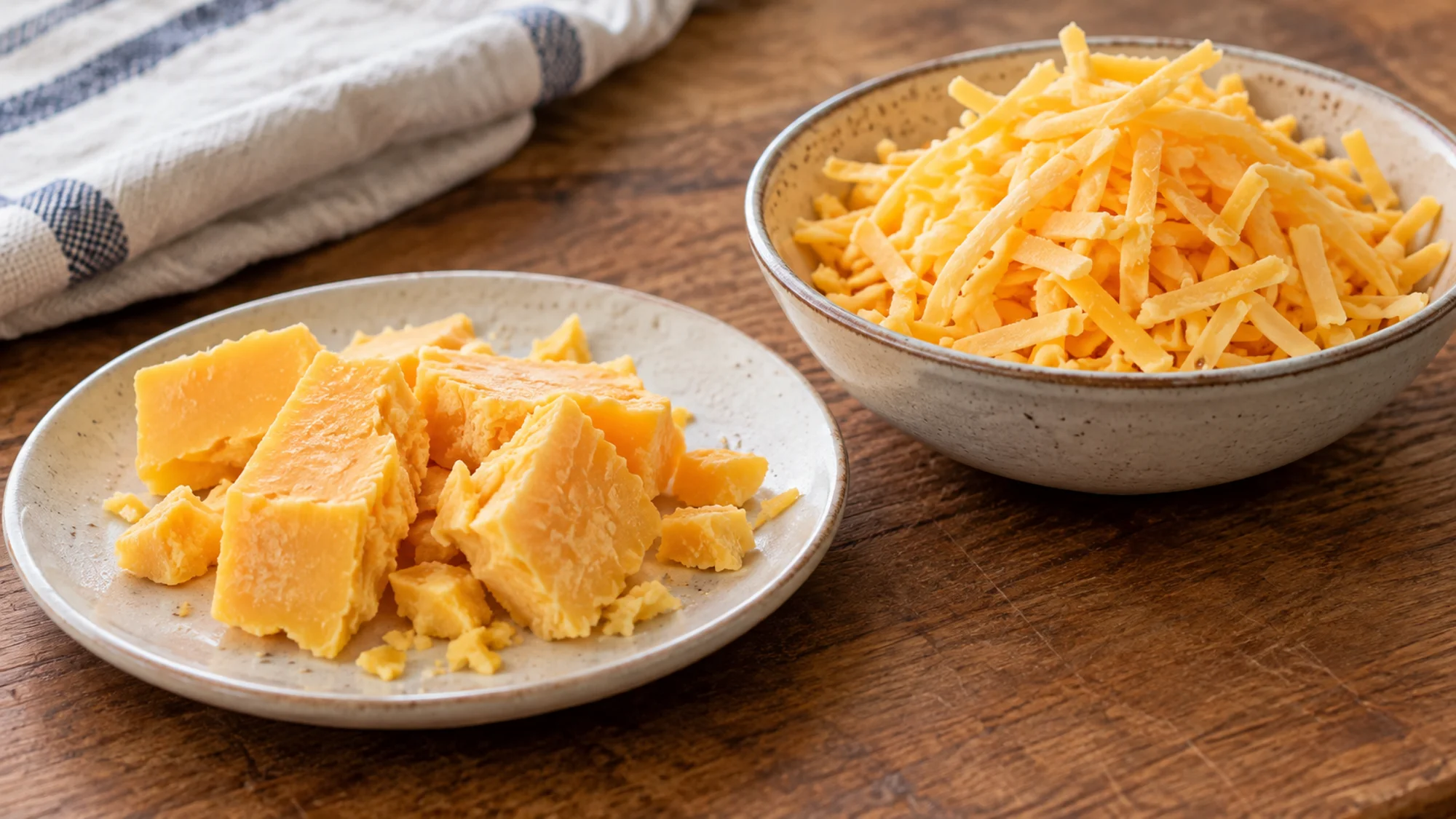 Crumbly cheddar pieces and shredded cheese on a kitchen counter