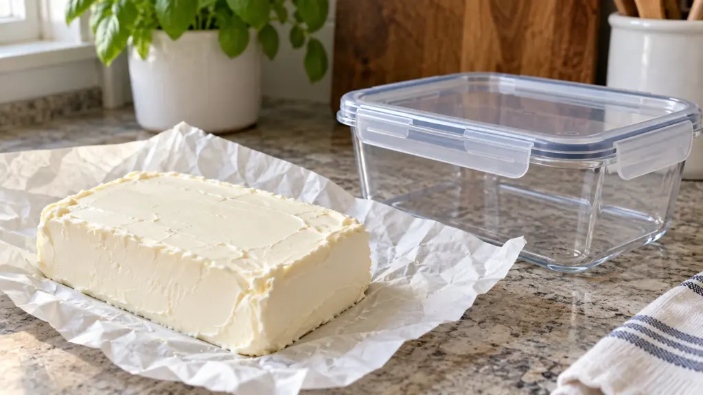 Plain cream cheese block beside a freezer container