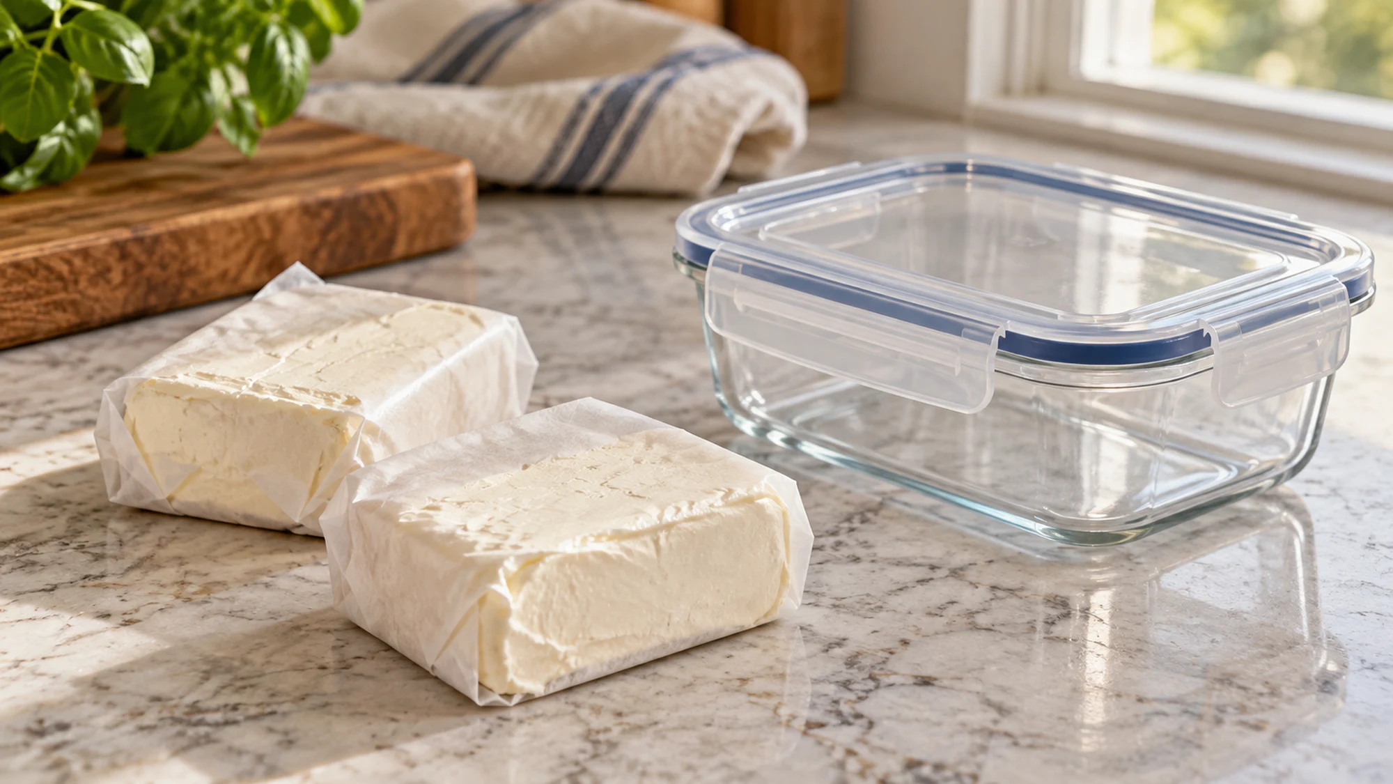 Two cream cheese portions beside a storage container