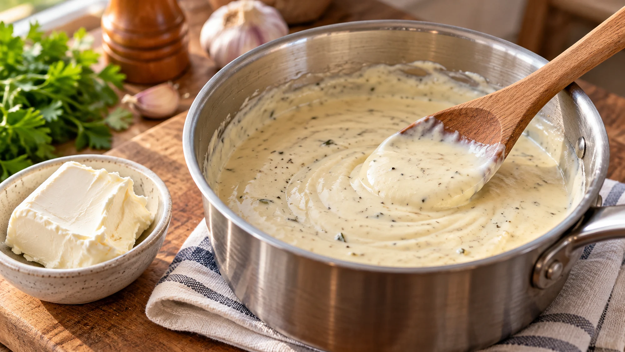 Creamy sauce in a saucepan with cream cheese nearby