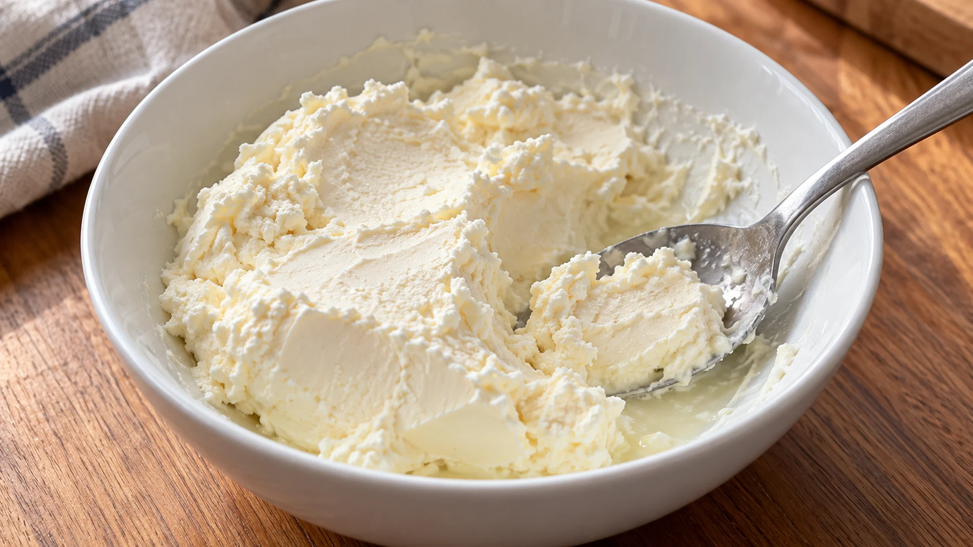 Thawed cream cheese with a grainy texture in a bowl