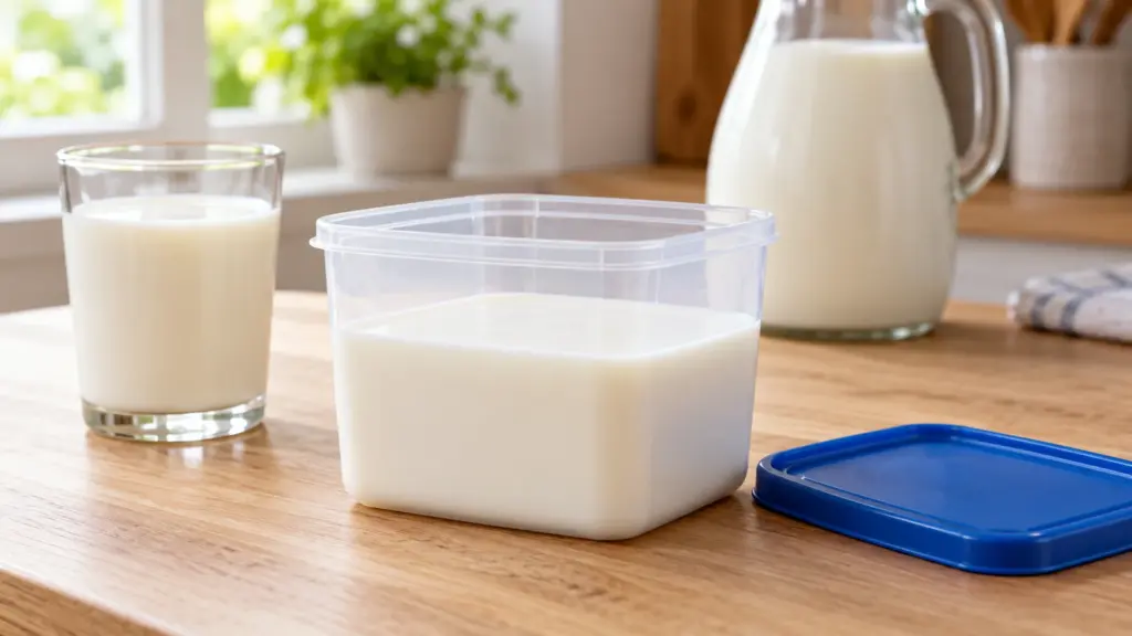 Milk in a freezer-safe plastic container with space below the rim