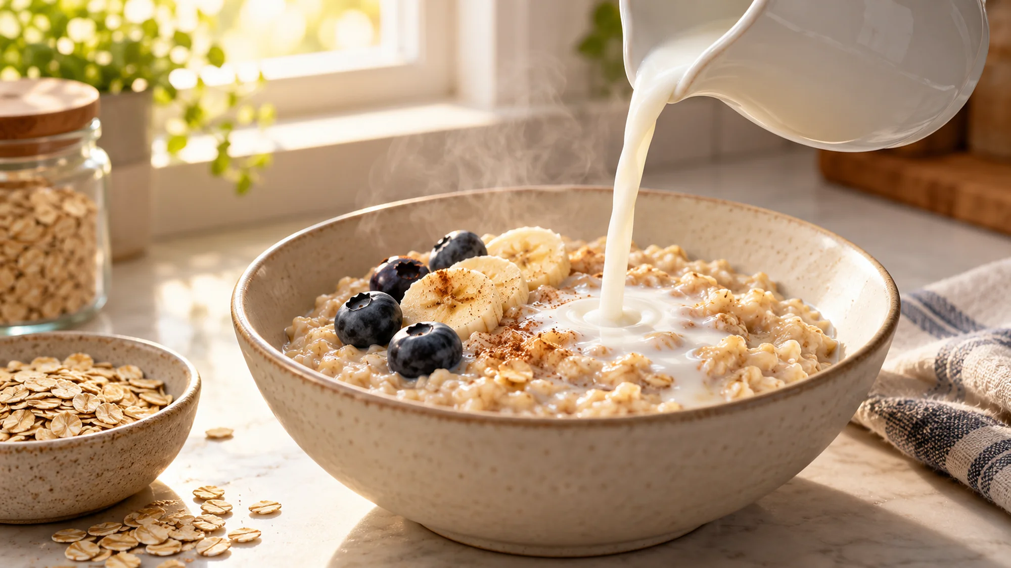 Milk poured into a bowl of oatmeal topped with banana and blueberries