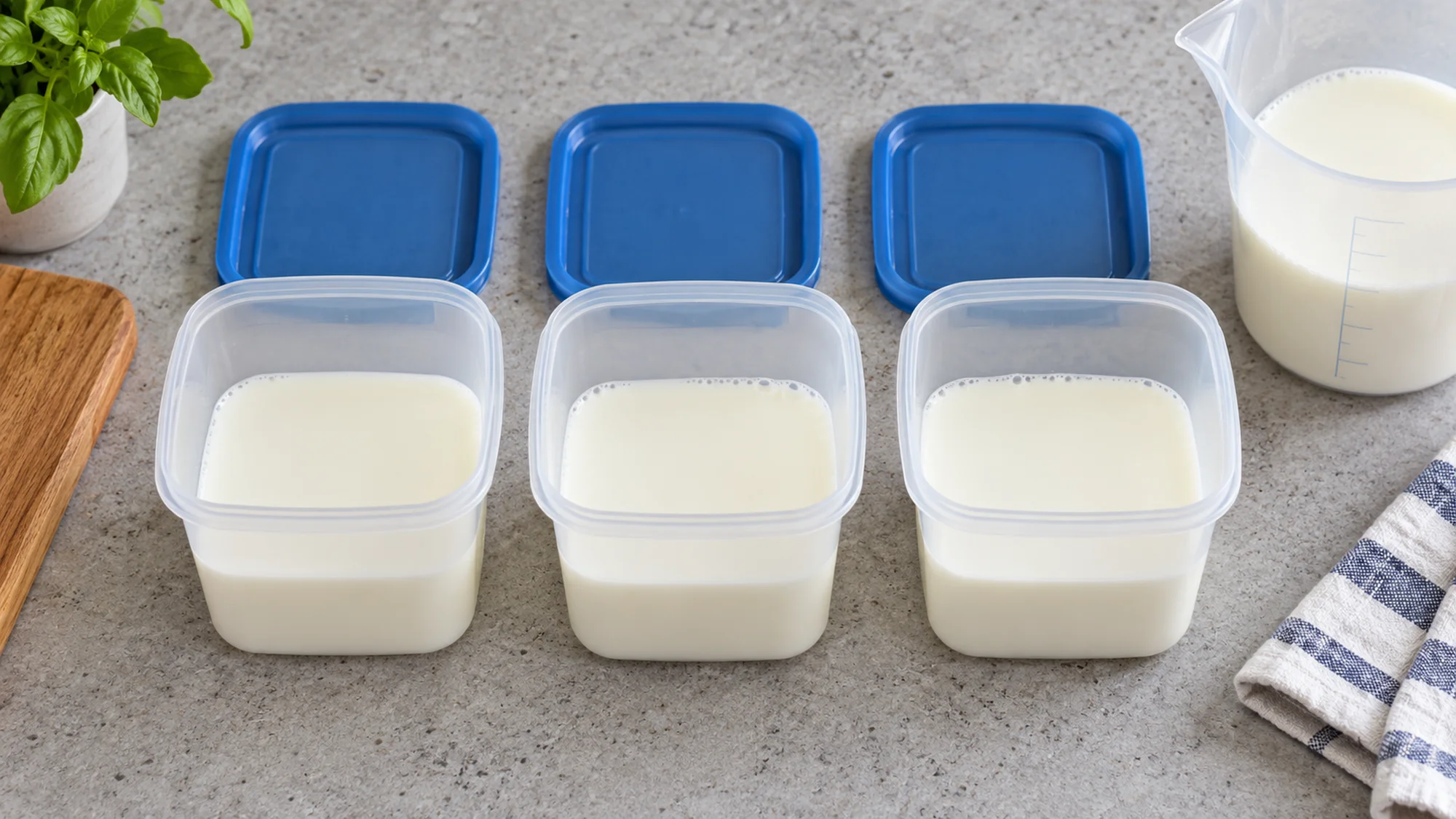 Three small freezer-safe containers of milk beside a measuring jug