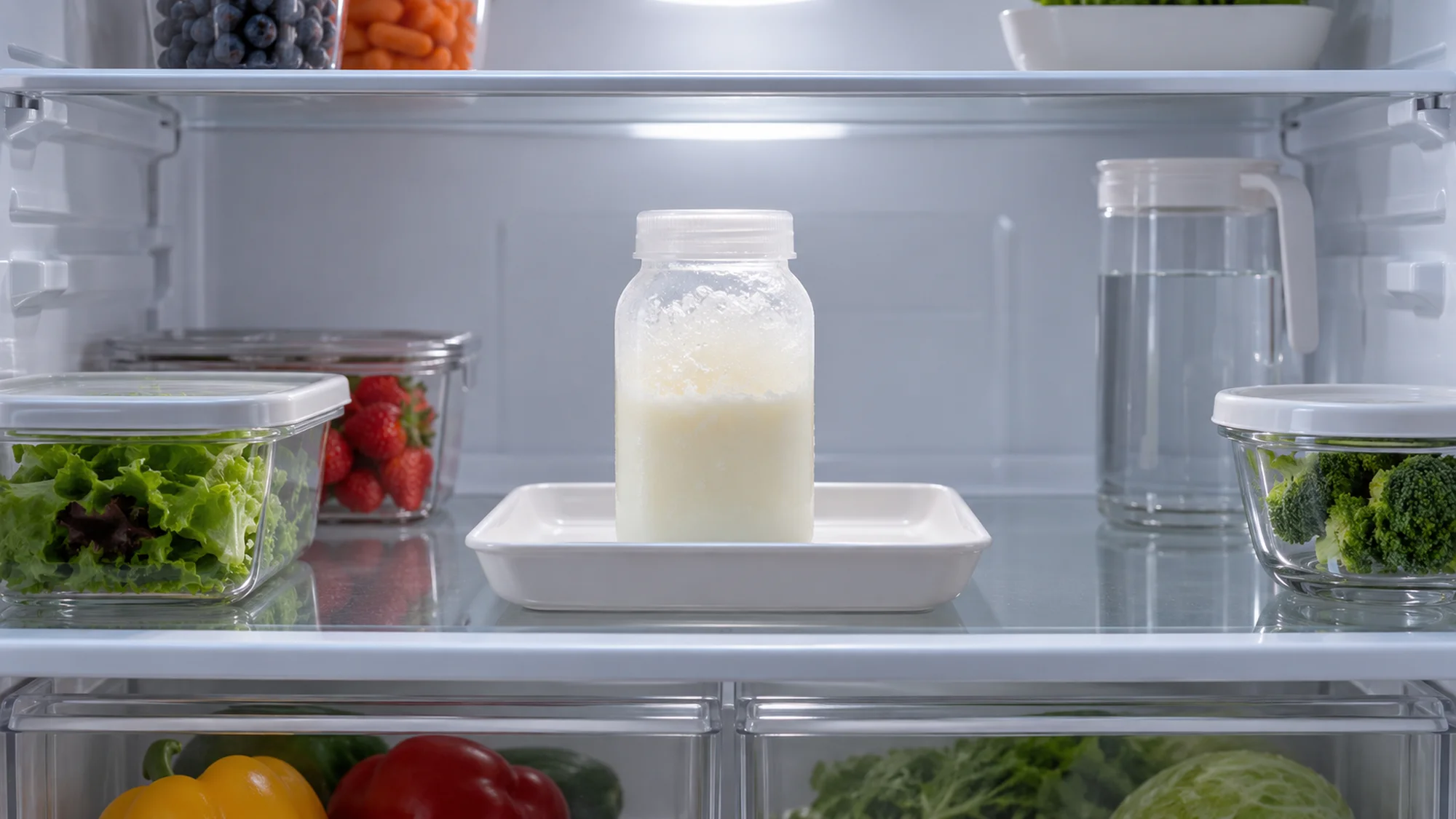 A bottle of partly frozen milk standing on a tray in the refrigerator