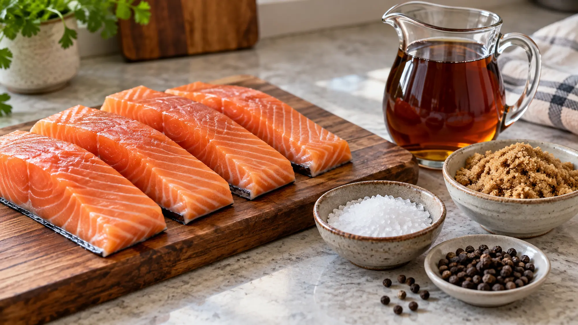 Candied salmon ingredients with raw salmon, sugar, salt and maple syrup