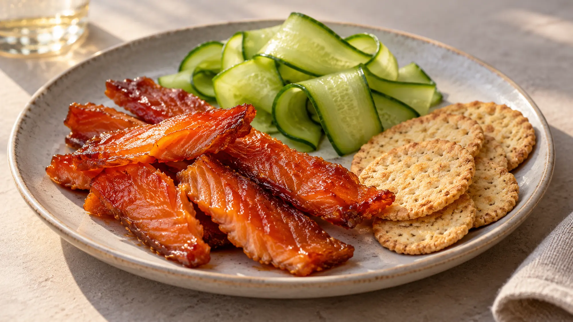 Candied salmon served with cucumber ribbons and crackers