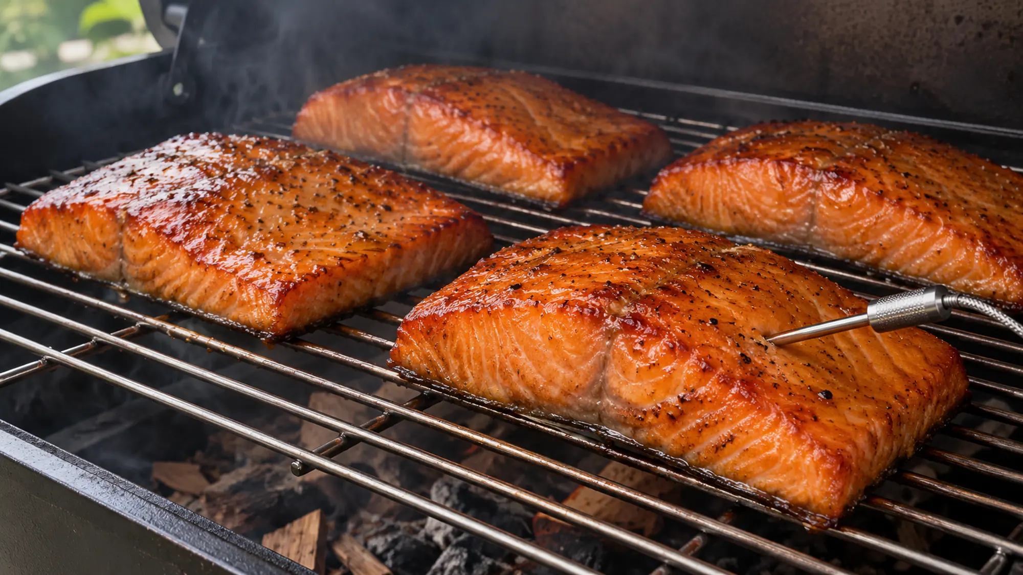 Candied salmon cooking on a smoker rack with a temperature probe