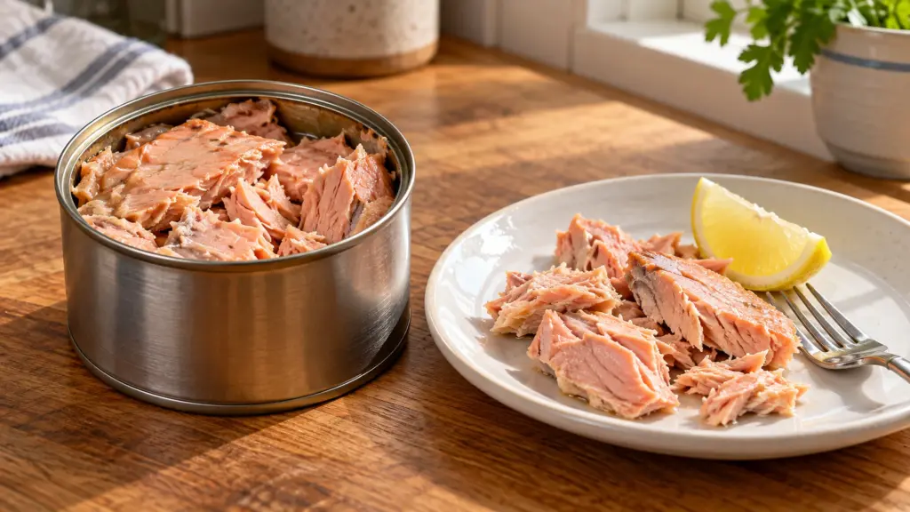 Canned salmon flakes in an open can beside a plate with lemon