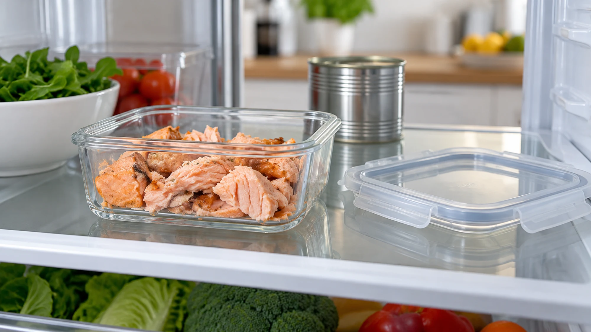 Canned salmon leftovers in a glass container with its lid beside it