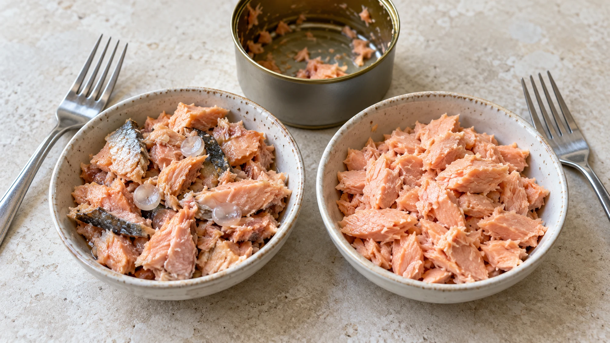 Canned salmon with soft bones and skin beside boneless flakes