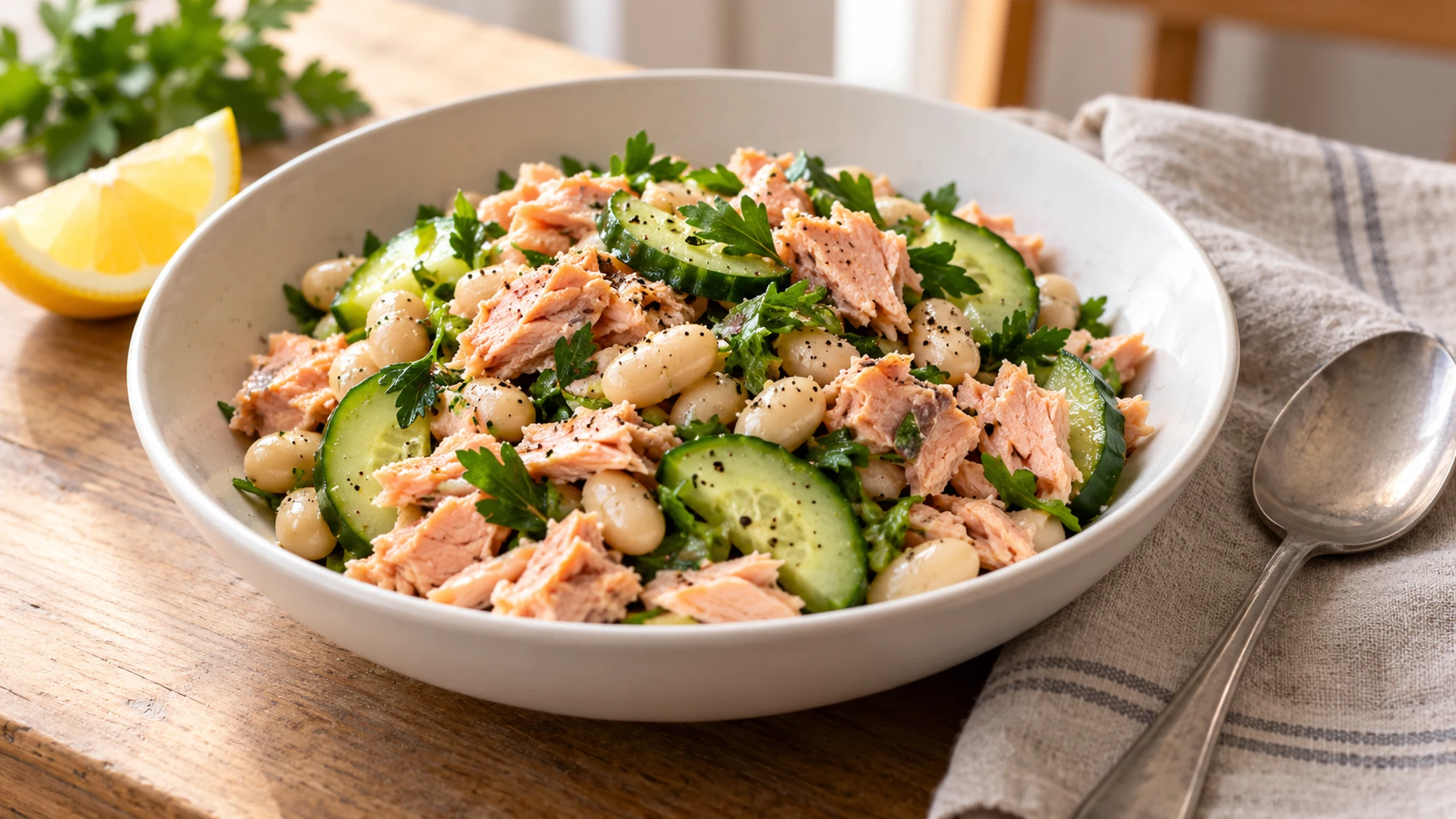 Canned salmon flakes with white beans, cucumber and parsley