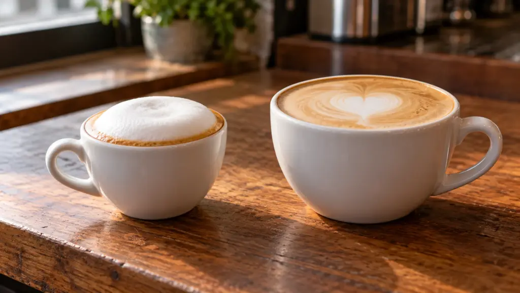 Cappuccino vs latte: a small foam-topped cappuccino beside a larger latte