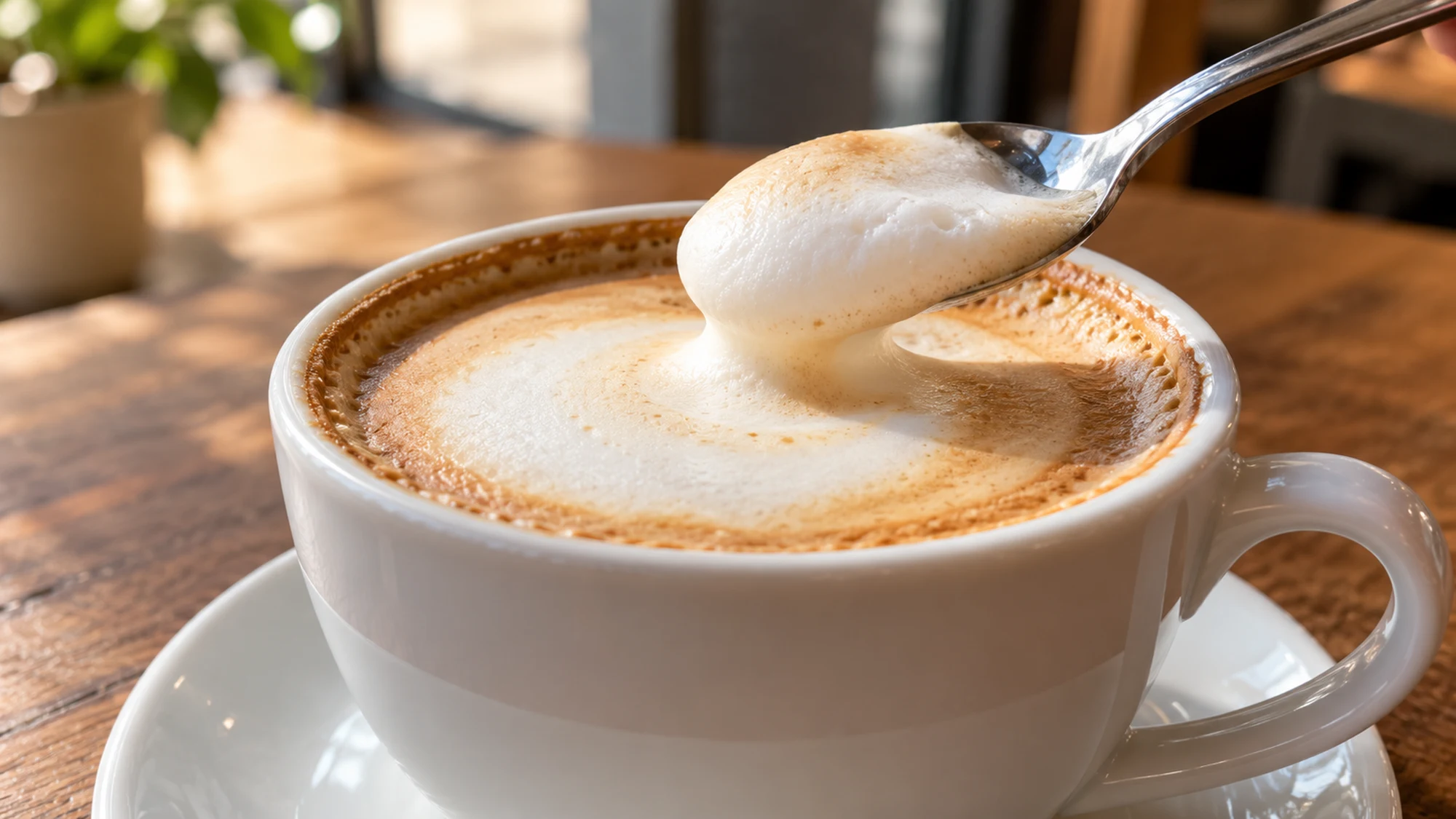 Cappuccino vs latte texture: a spoon lifts fine foam from a cappuccino