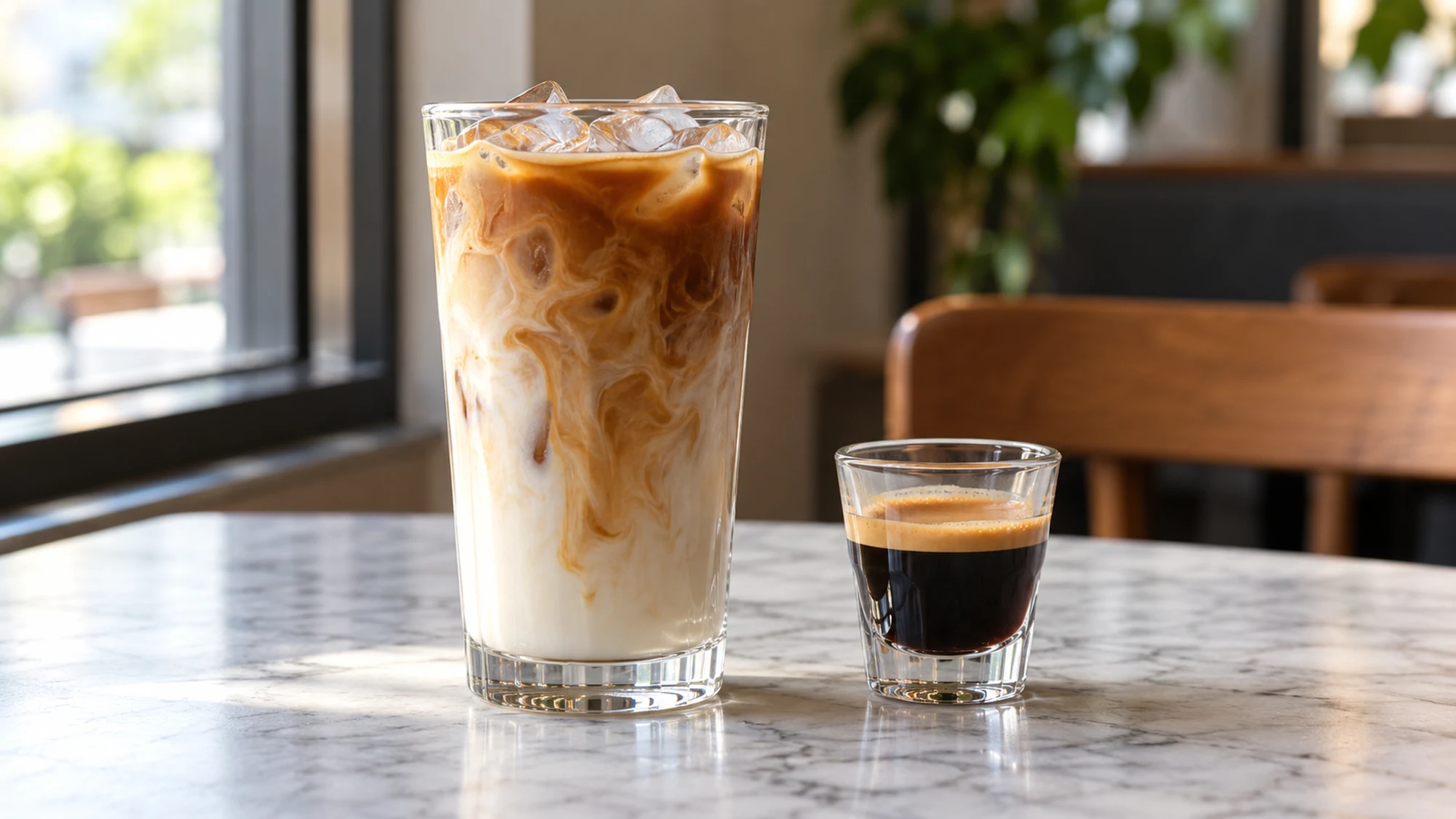 Cappuccino vs latte choices: an iced latte beside a small espresso glass