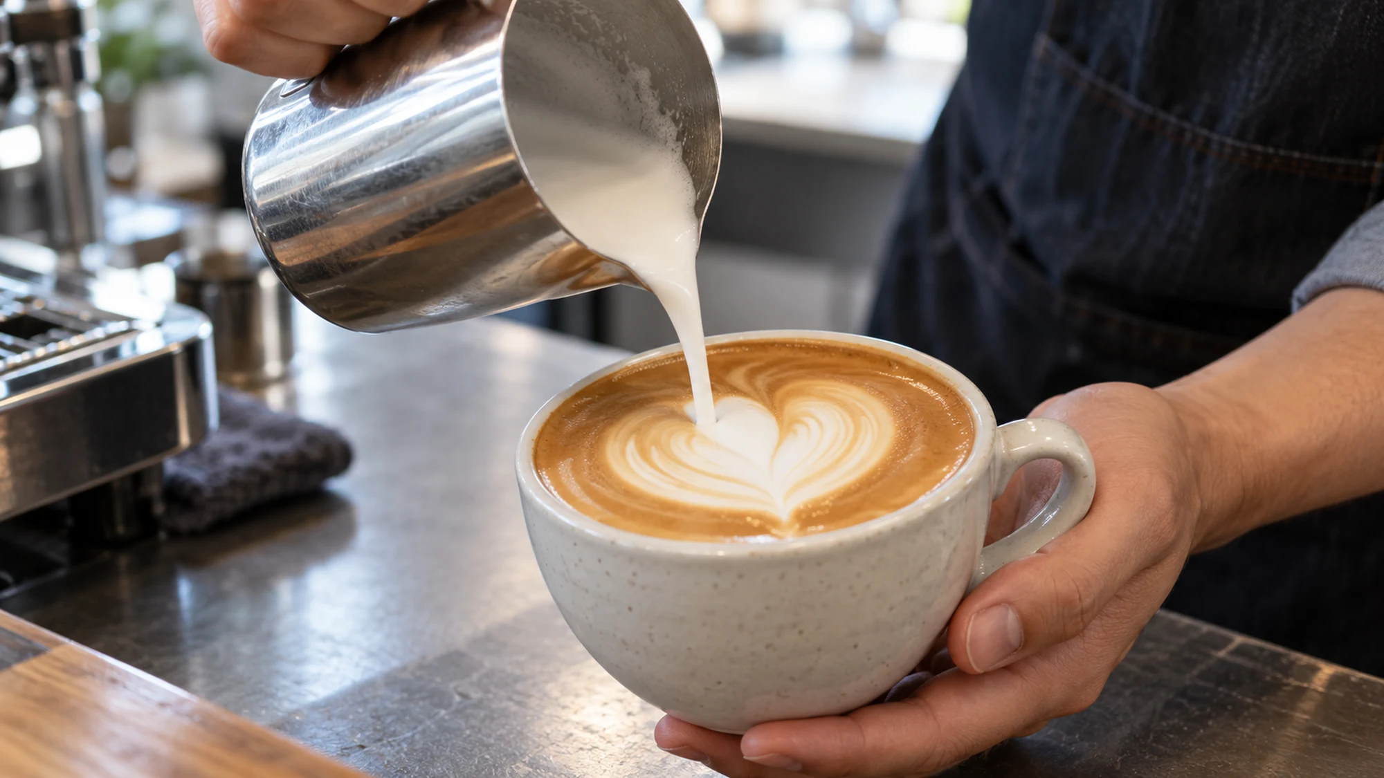 Cappuccino vs latte preparation: steamed milk poured into a latte cup