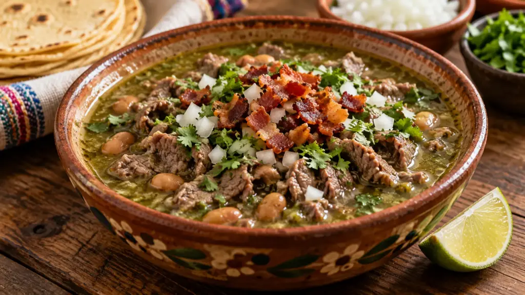 Carne en su jugo with beef, pinto beans, bacon and tomatillo broth
