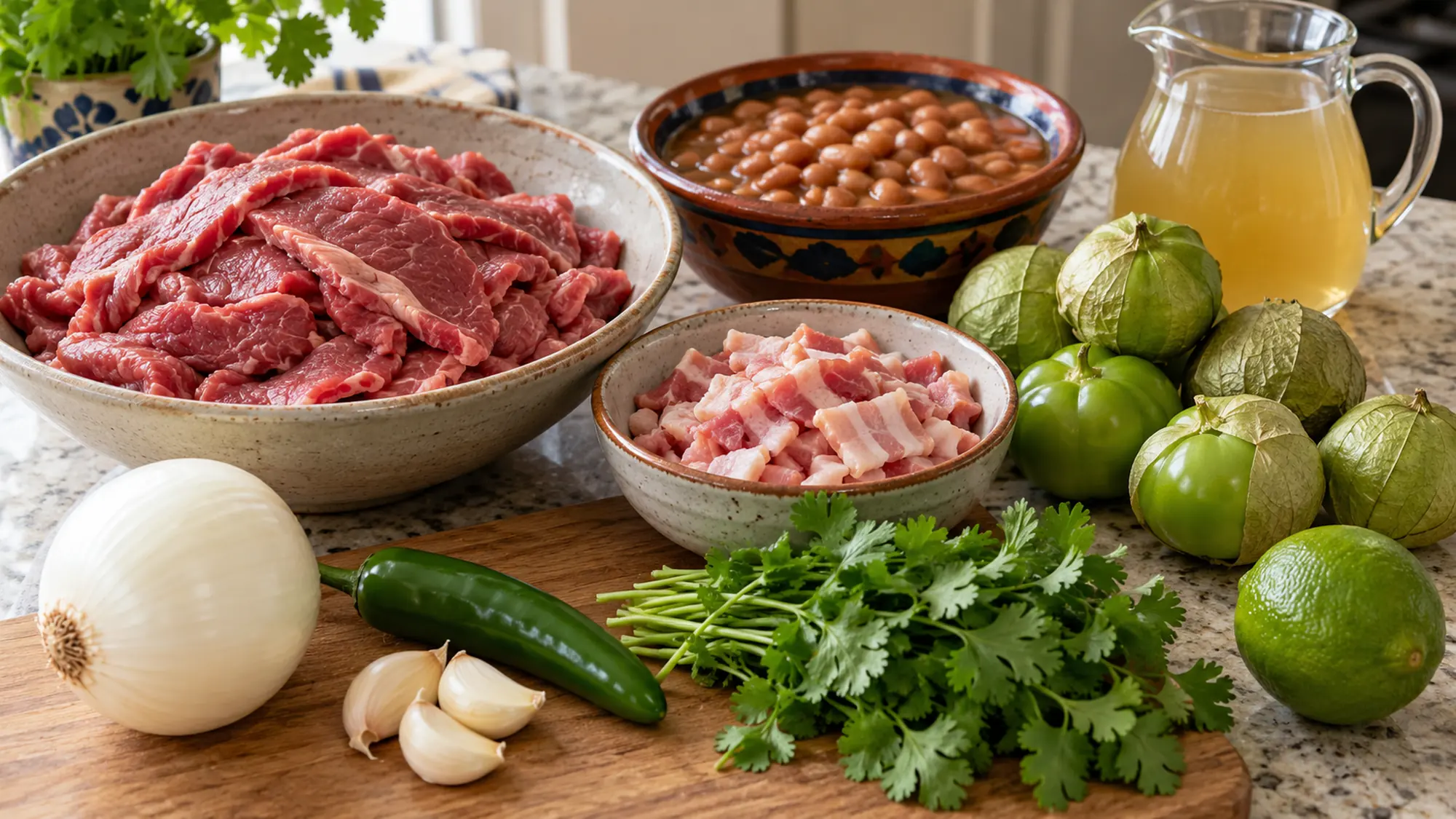 Carne en su jugo ingredients arranged before cooking