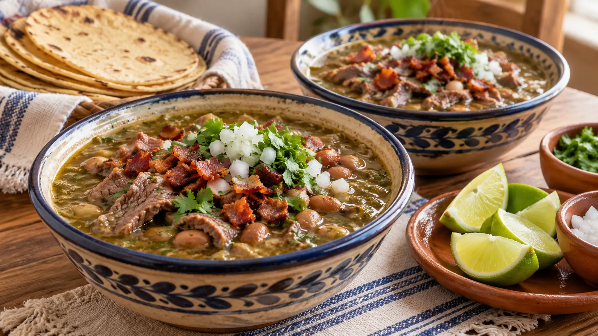 Carne en su jugo bowls served with tortillas and lime