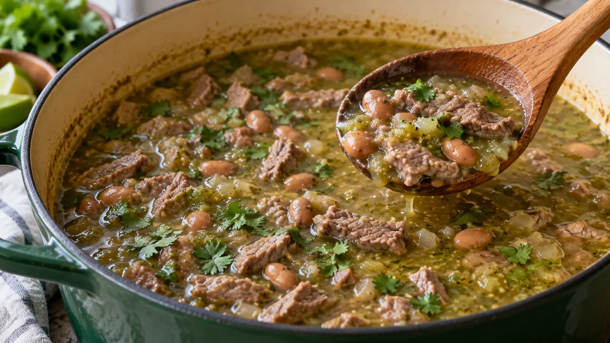 Carne en su jugo simmering with beef and beans in a Dutch oven