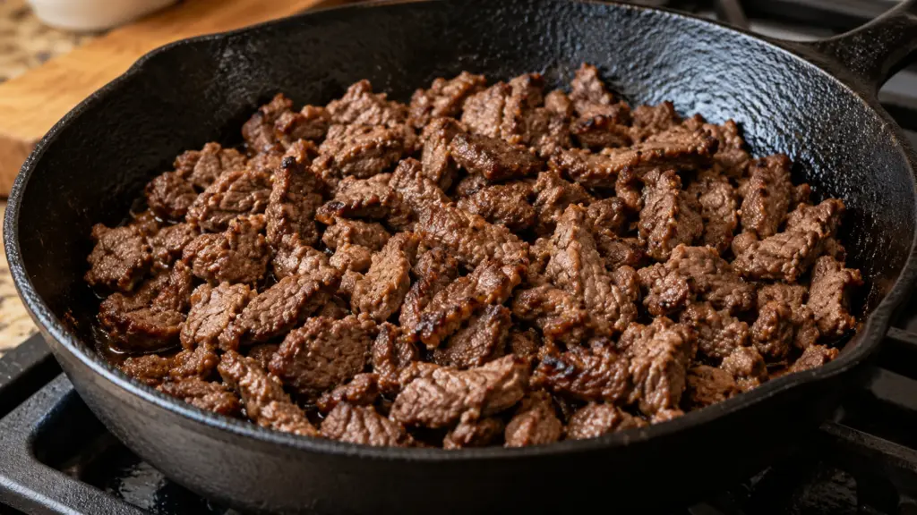 Cooked carne picada beef pieces in a cast iron skillet