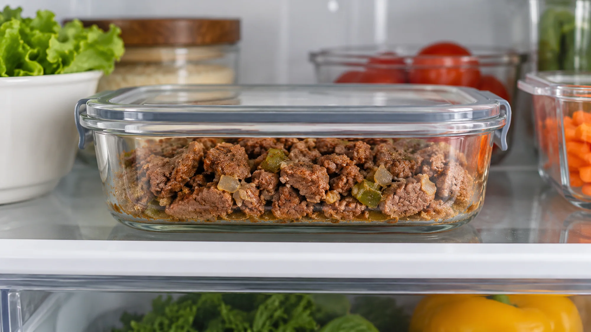 Cooked carne picada with vegetables in a covered refrigerator container