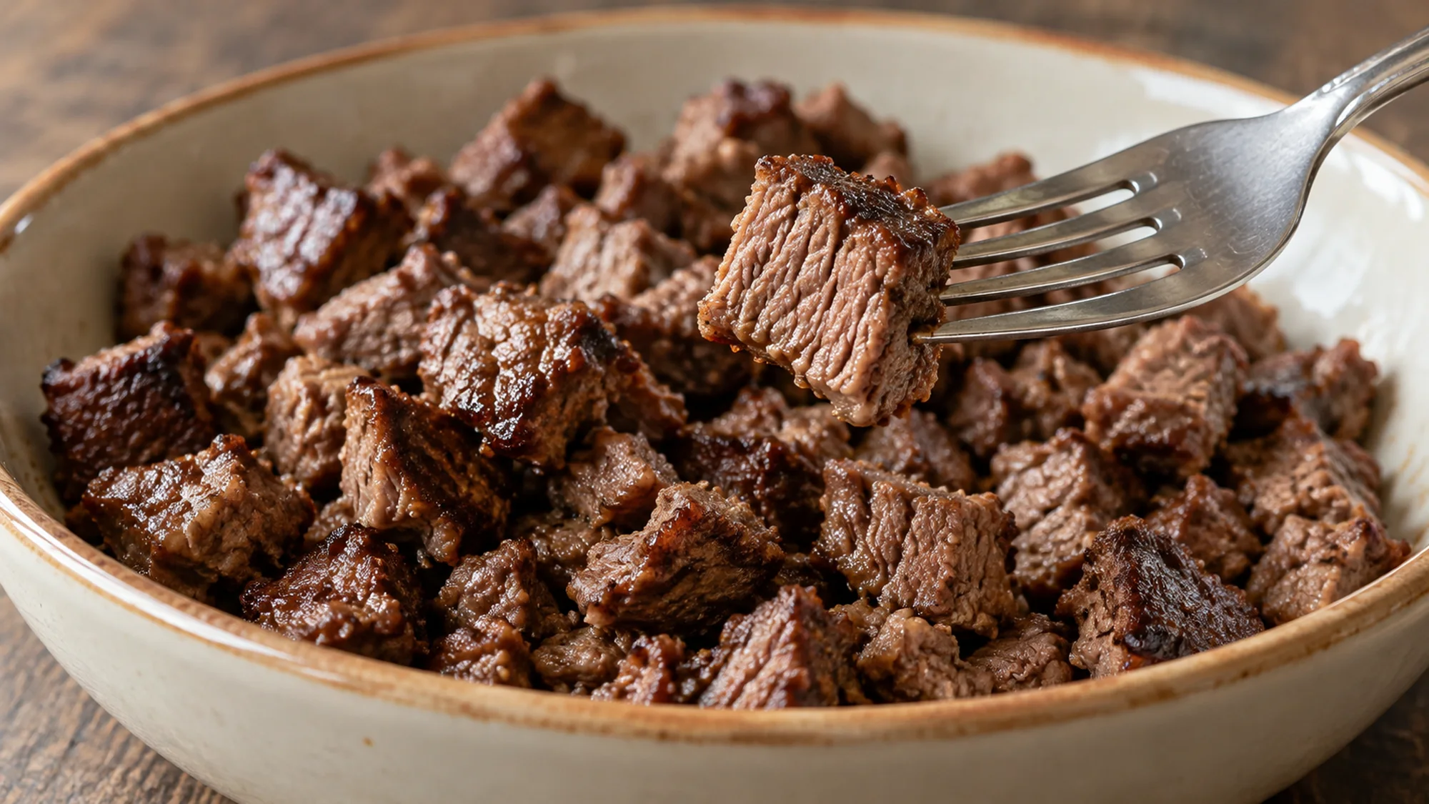 A fork lifting a cooked carne picada beef piece above a bowl