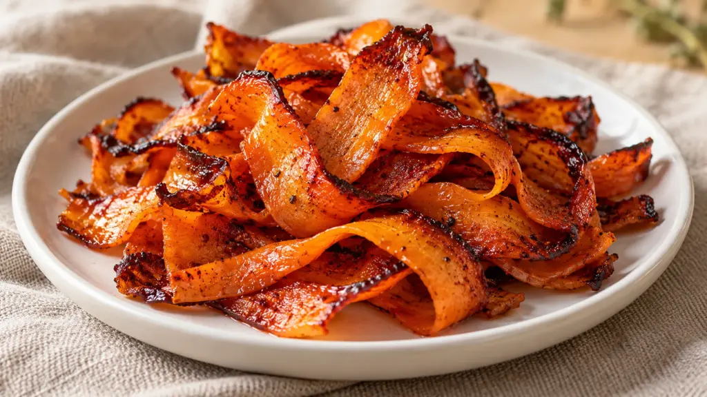 Carrot bacon ribbons with browned curled edges on a plate