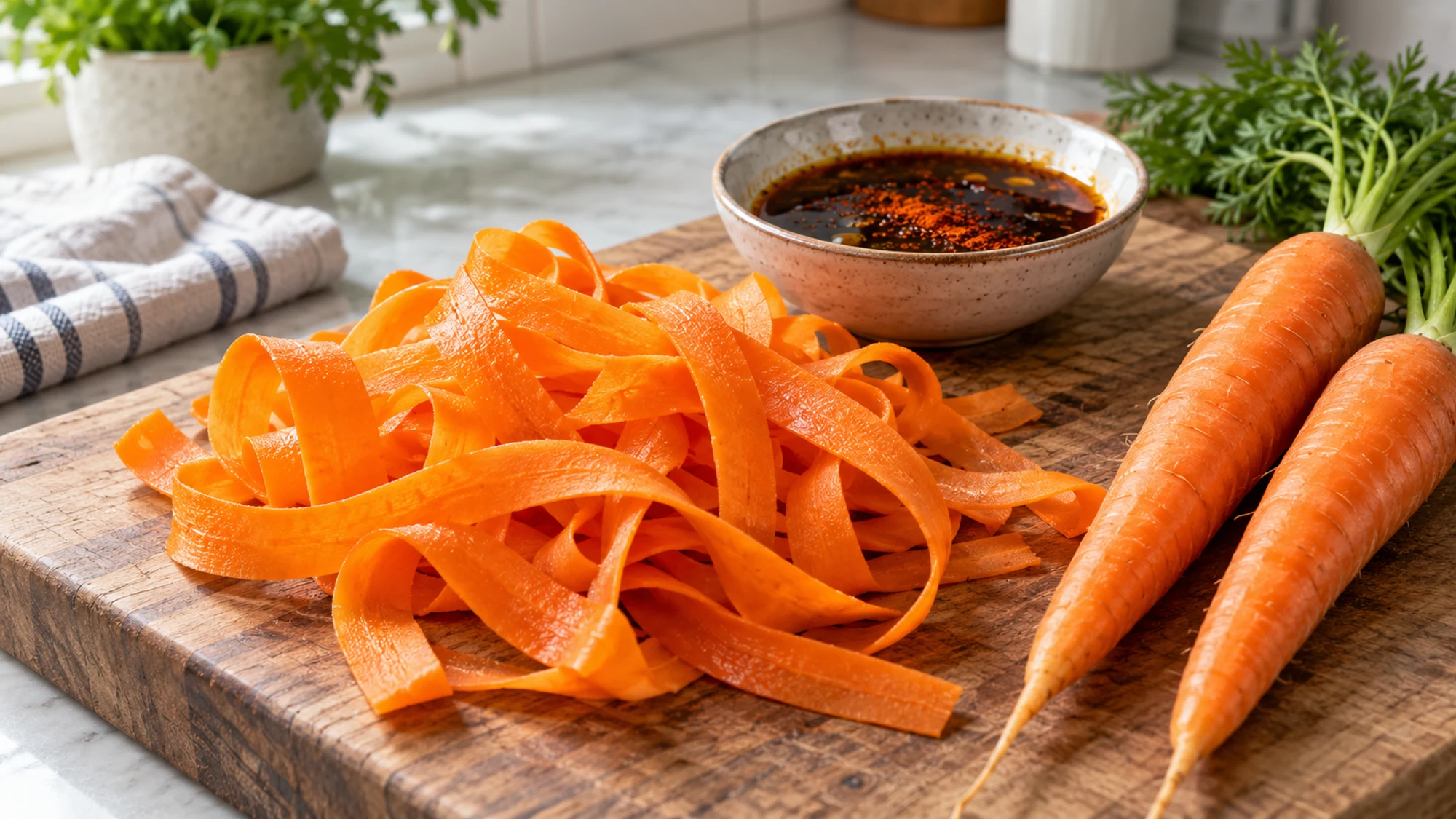 Carrot bacon preparation with fresh carrot ribbons and smoky marinade