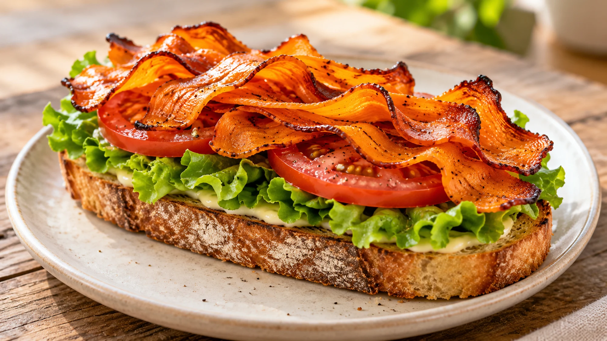 Carrot bacon over tomato and lettuce on toast