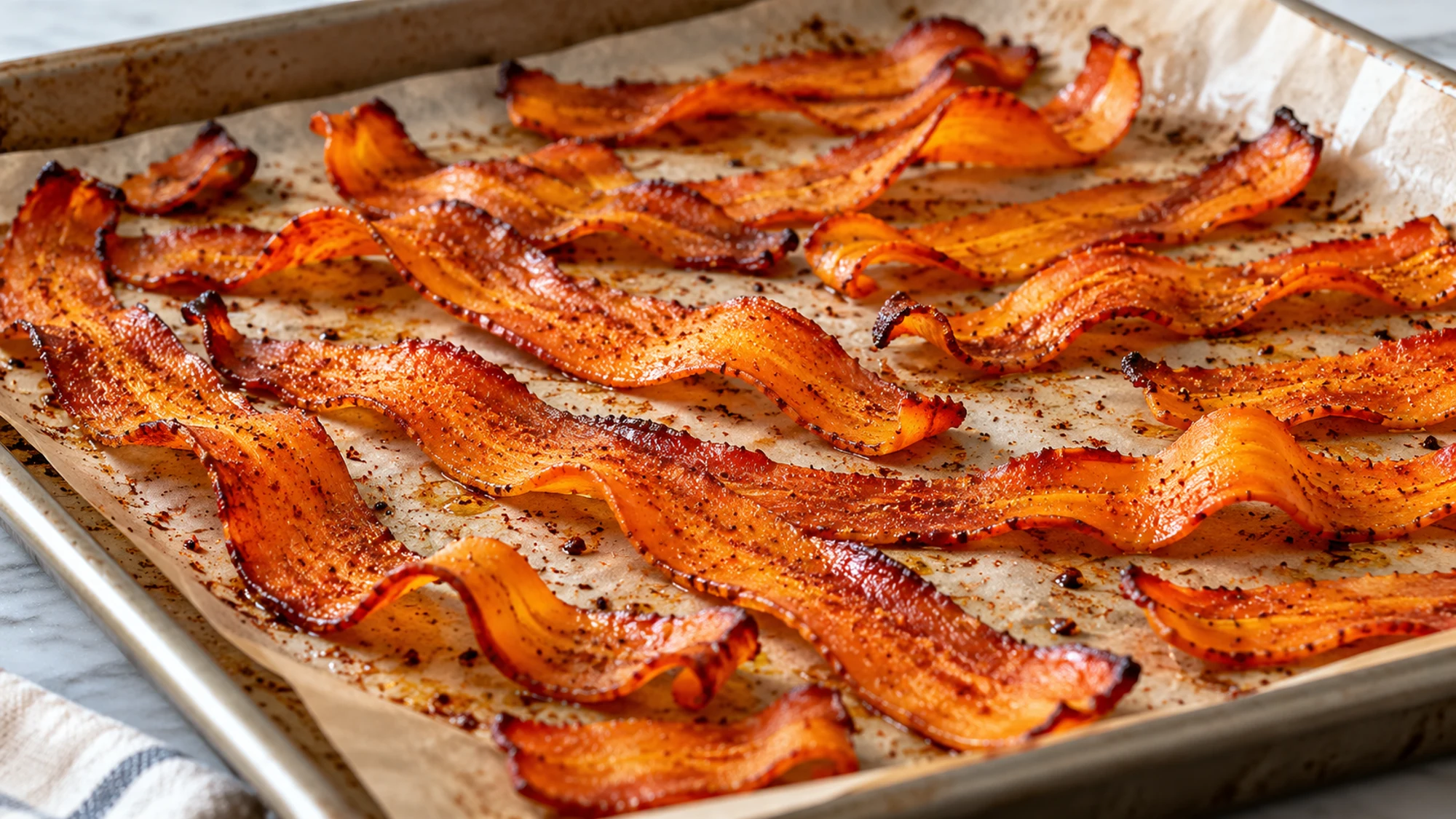 Carrot bacon ribbons on a lined baking sheet