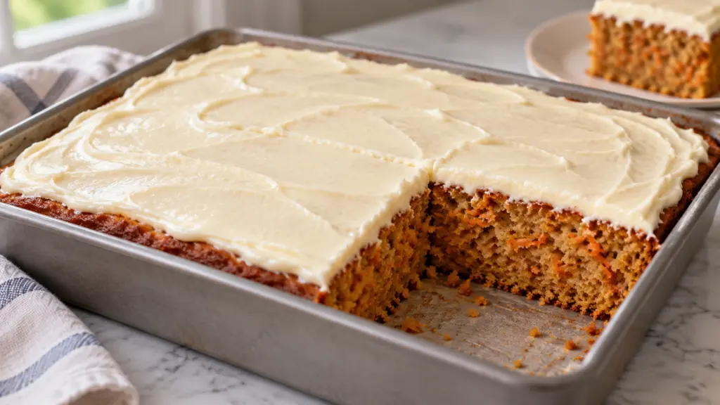 Carrot cake in a rectangular pan with cream cheese frosting