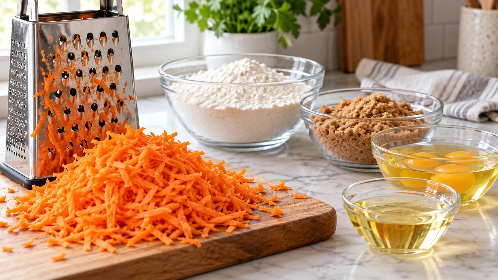 Carrot cake preparation with finely grated carrots and baking ingredients