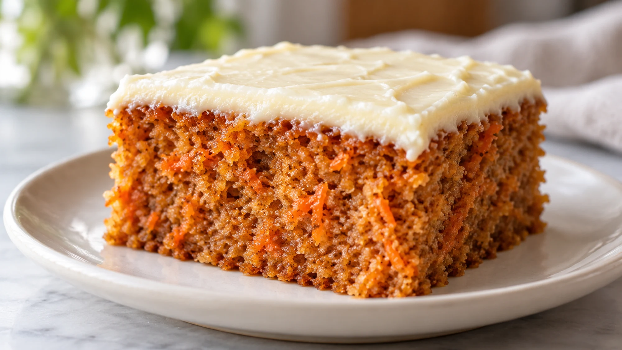 Carrot cake slice with carrot flecks and tender crumb