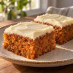 Carrot cake squares with cream cheese frosting on a plate