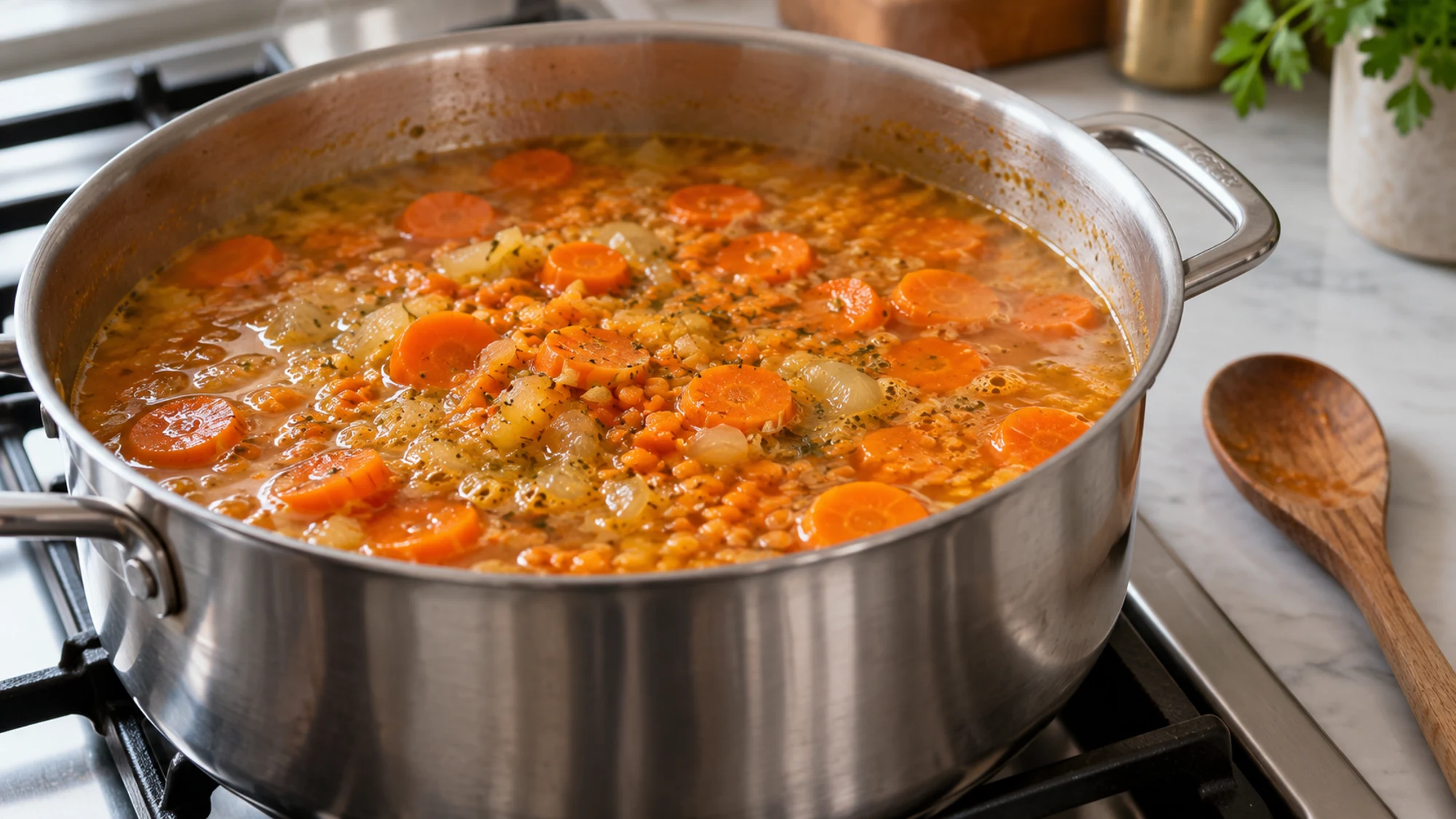 Carrots and red lentils simmering before blending