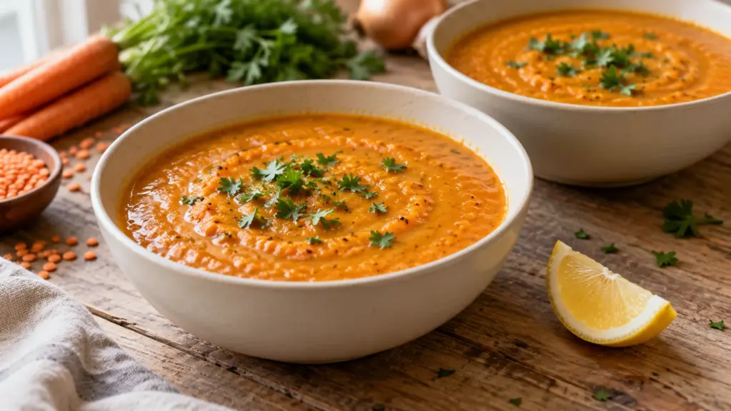 Carrot red lentil soup in two bowls with parsley and lemon