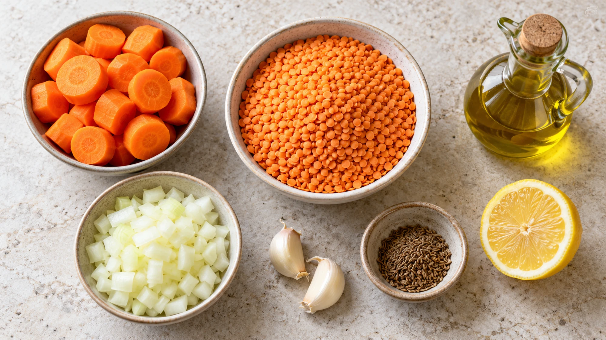 Carrots, red lentils, onion, garlic, cumin and lemon for soup