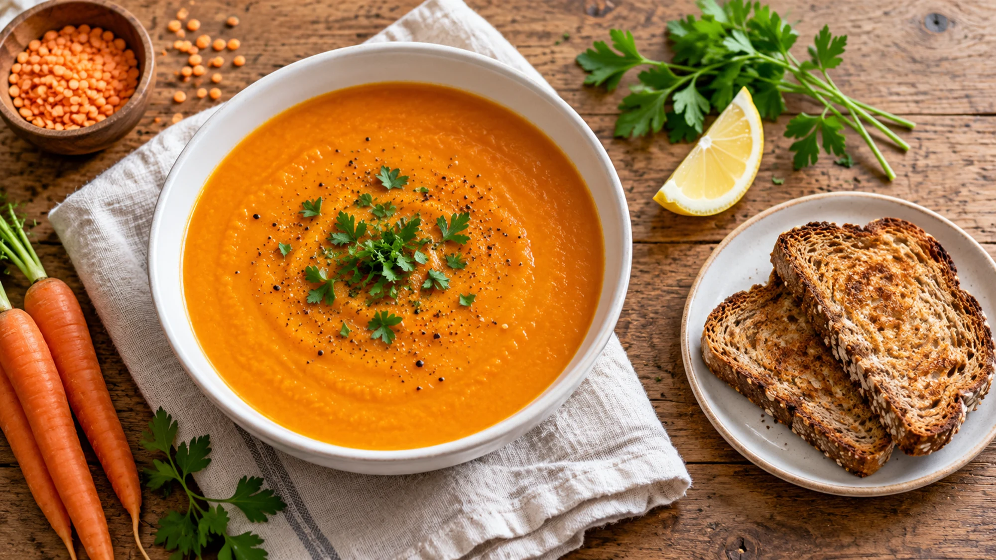 Carrot red lentil soup with whole-grain toast on the side