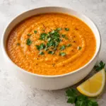 Bowl of carrot red lentil soup with parsley and lemon