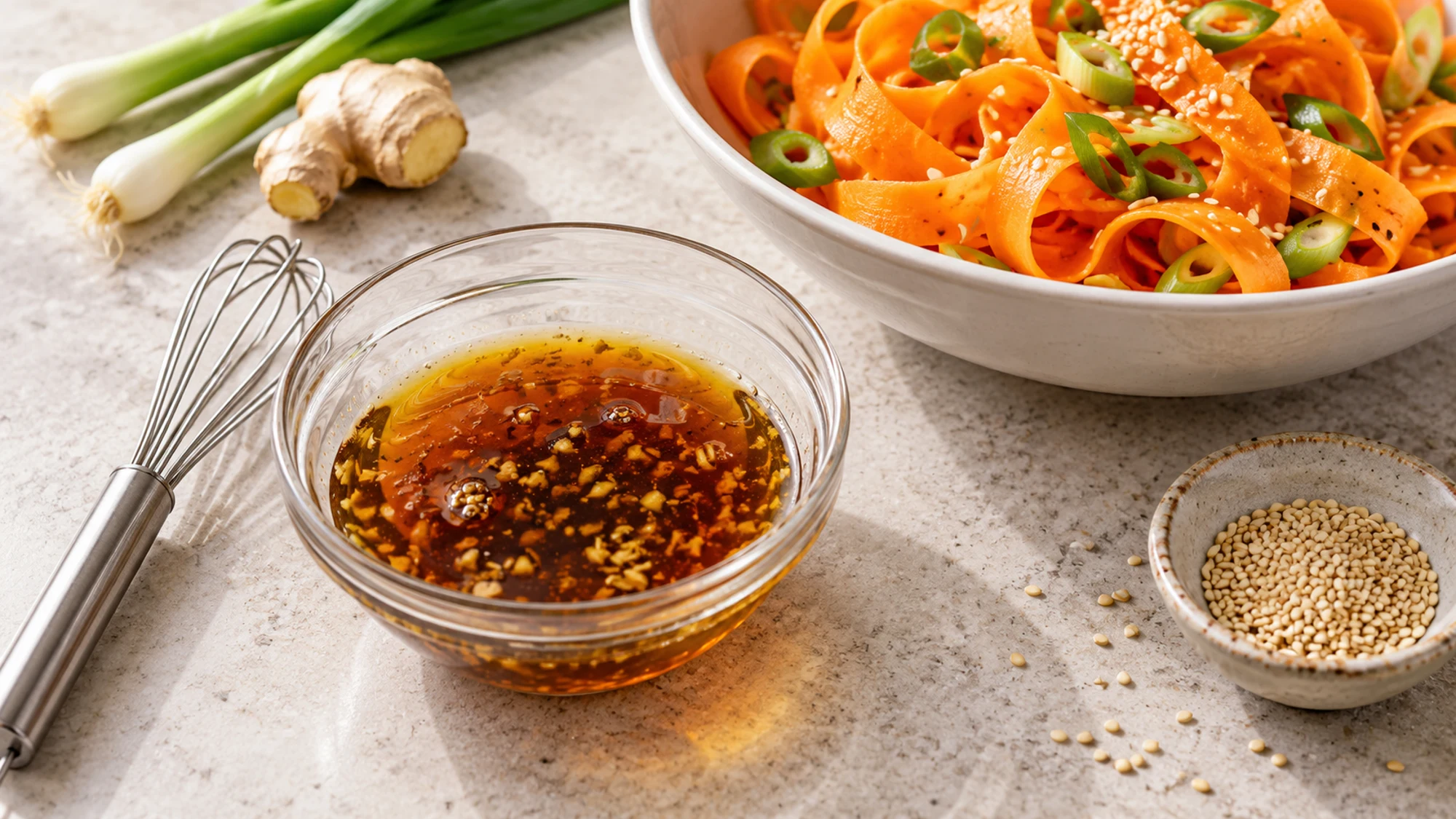 Ginger sesame dressing beside carrot ribbon salad